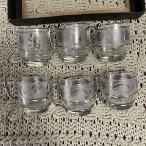 Vtg MCM In Box Libbey Silver Foliage Glass Coffee Cups Mugs 6 Metal Handles Rare